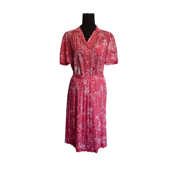 Vintage 2 Piece Pink Coral Collared Blouse & Matching Pleated Skirt Est Size - S - Picture 3 of 10